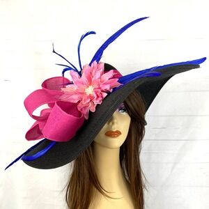Black Pink Women Kentucky Derby Hat Jeweled Flower Royal Blue Feather Wide Brim